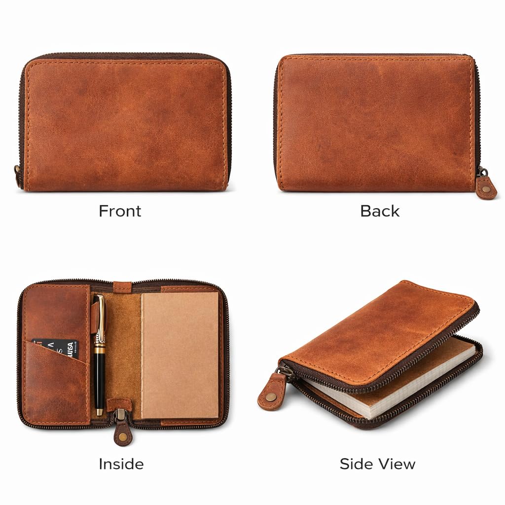 CestAntiQ Zippered Leather Journal Cover Compatible with Moleskine Cahier TWONE Original Kraft Elan Pitch Black Pocket Size 3.5 x 5.5 for Field Notes Notebook Memo Books with Pen Holder Handmade (Tan)
