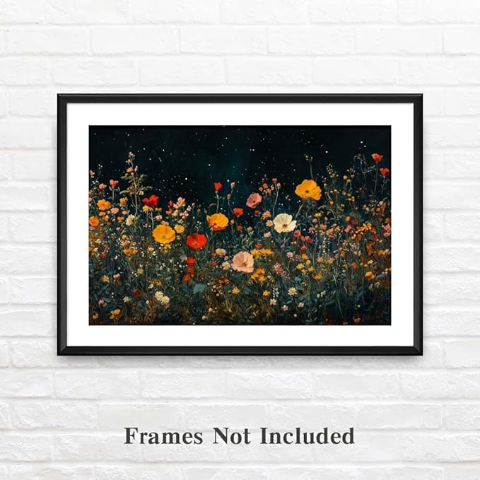 Yesad Wildflowers Field Landscape Wall Art, Floral Canvas Wall Art Wildflowers at Night Flower Prints Painting Rustic Wall Décor for Living Room Bedroom Farmhouse (Unframed,12"x8",Wildflower1)