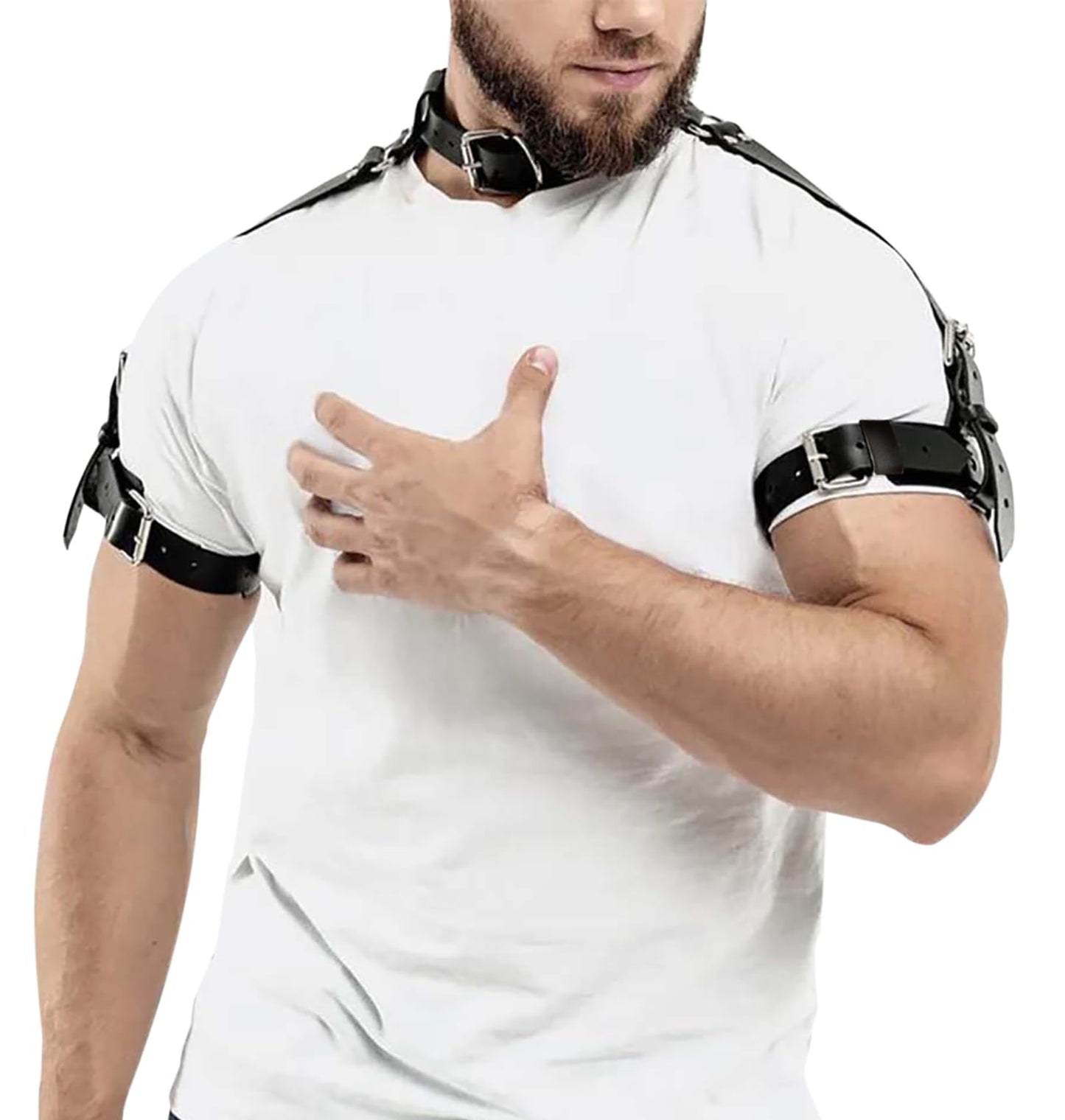 Men’s PU Leather Shoulder Harness with Neck Strap – Adjustable Black Harness Top with Arm Strap Accessory for Punk Fashion, Festivals, Cosplay & Stage Outfits(Fit Neck 13.4-18.1in)