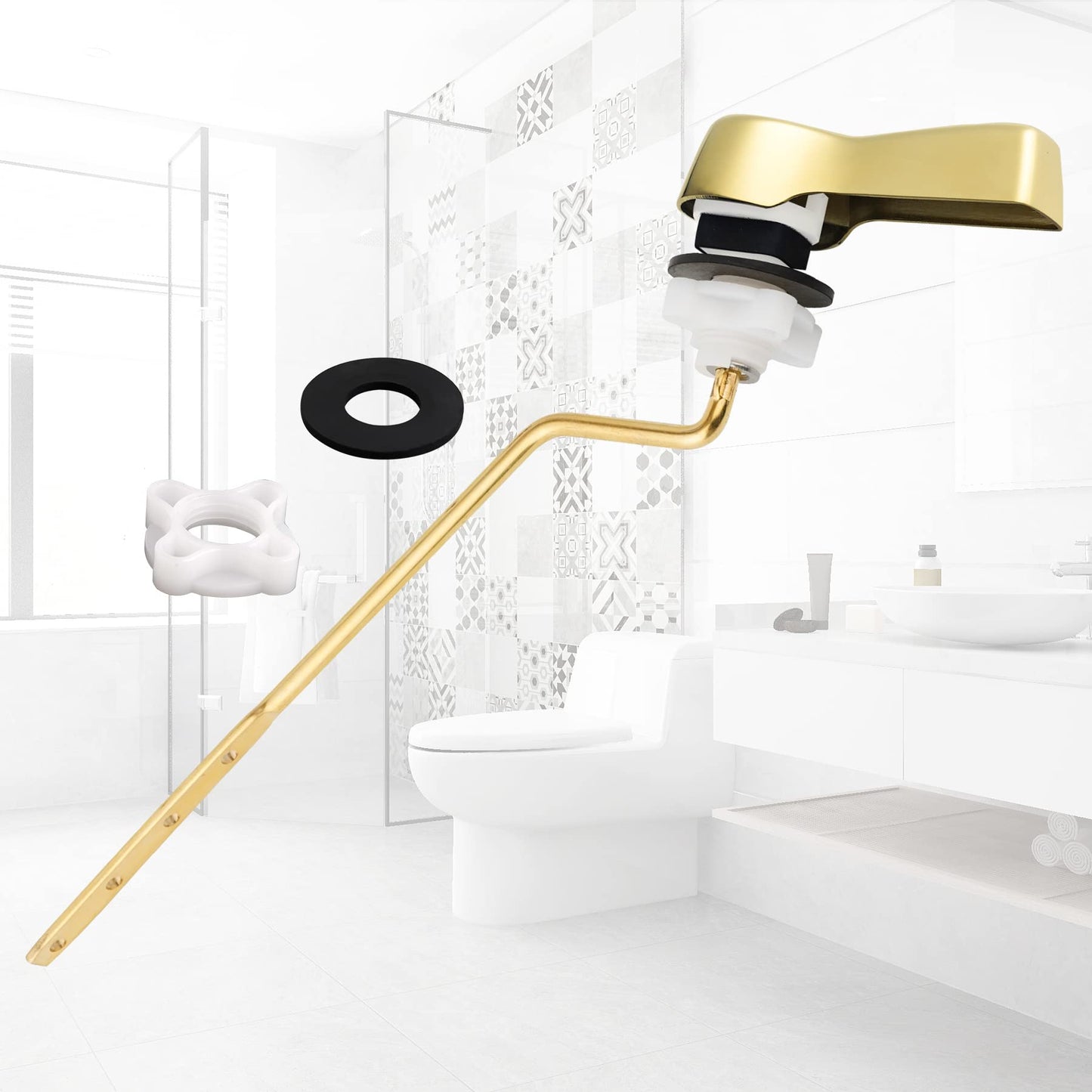 Hibbent Universal Metal Side Mount Toilet Handle Replacement Kit, Brass Toilet Flush Tank Lever with Stainless Steel Flapper Chains for Most Toilets, Shiny Gold