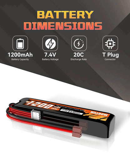 Hilldow 7.4V Lipo Battery 1200mAh 2S Rechargeable 20C Airsoft Battery with T Plug Pack Battery for Airsoft Guns Model Rifle