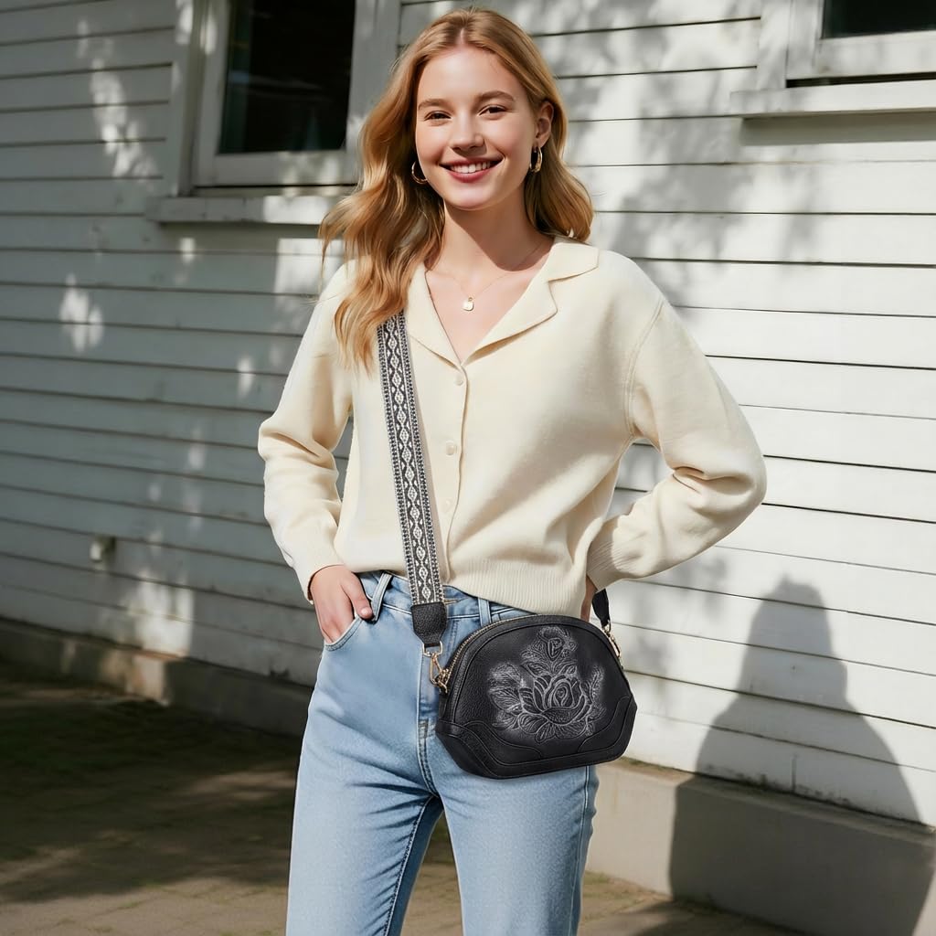 VIMUTI Embossed Rose Crossbody Bags for Women, Soft Vegan Leather Small Purse with Adjustable Wide Strap, Boho Shoulder Handbag with Multi Pockets, Lightweight Everyday Bag