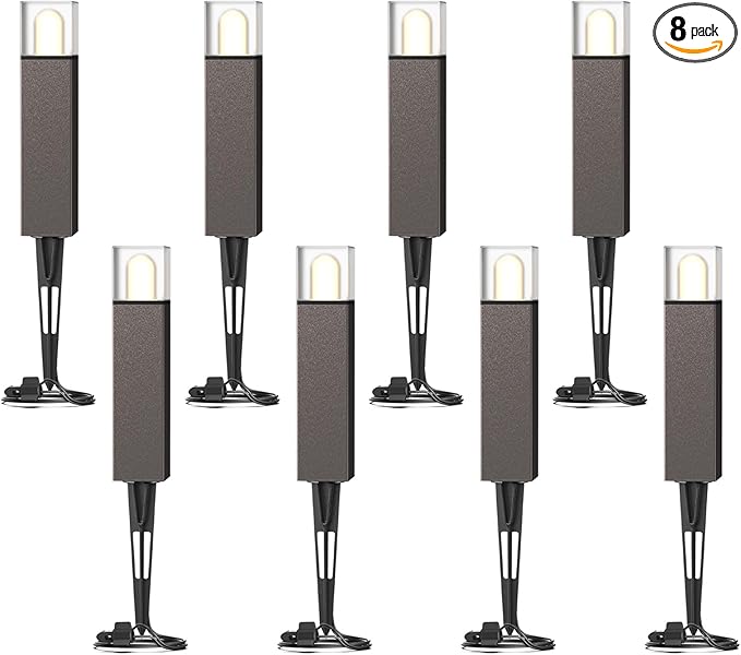 GOODSMANN 8PK Bollard Landscape Lighting Kit 2W LED Low Voltage Square Pathway Lights 100 Lumen 2700K Warm White Outdoor Hardwired Walkway Lights Brown Finish Path Lights with Connectors Metal Stakes