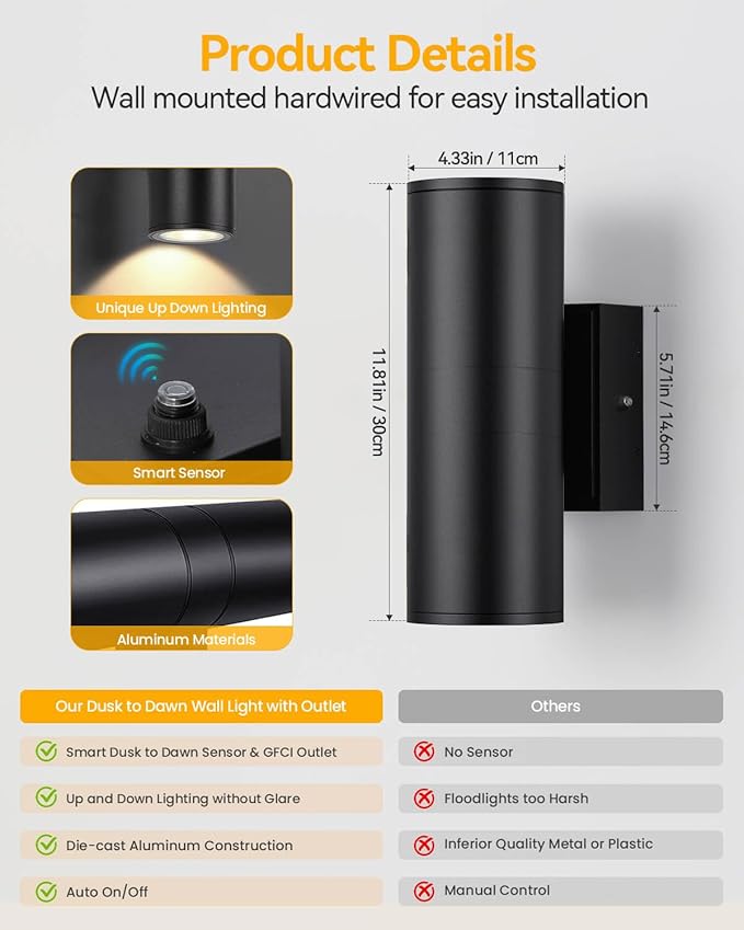 KIZON Outdoor Light with Outlet, Dusk to Dawn Outdoor Lighting, Matte Black Exterior Light Fixture Cylinder, Alunmium Anti Rust Up and Down Lights for House Porch Garage