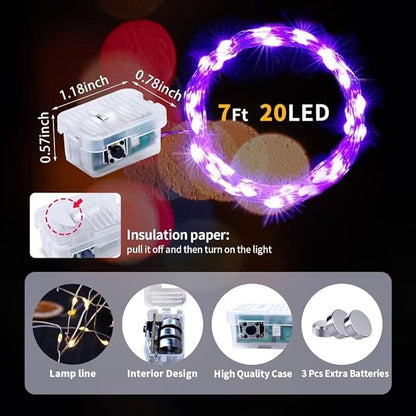 pozzolanas 100 Pack Purple Fairy Lights Battery Operated 3 Modes 7FT 20 LED Waterproof String Lights Twinkle Silver Wire for Mason Jars Wedding Christmas Halloween Party Decor (100, Purple)