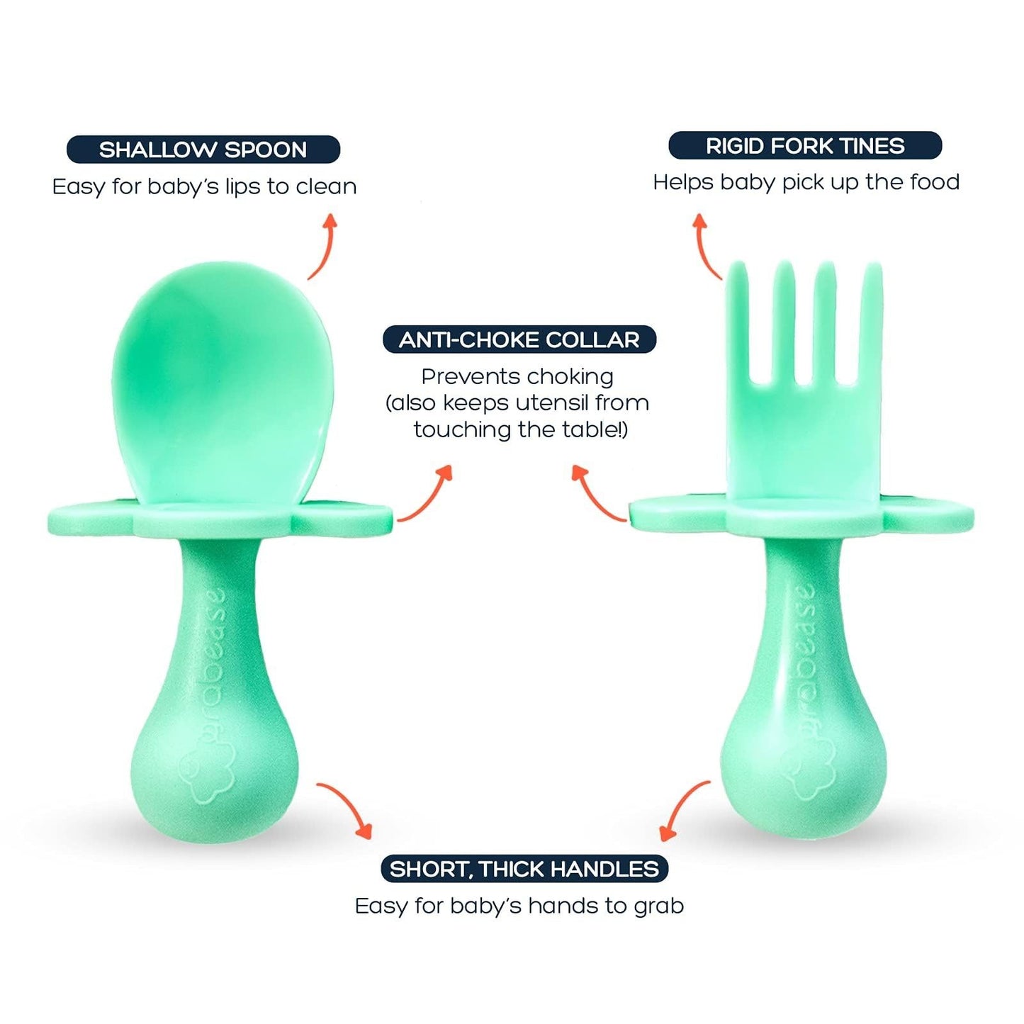 Grabease Baby & Toddler Spoons - Silverware, Utensils, BPA-Free & Phthalate-Free - 1 Set, Mint Baby Spoons - Toddler Utensils 1 Year Old