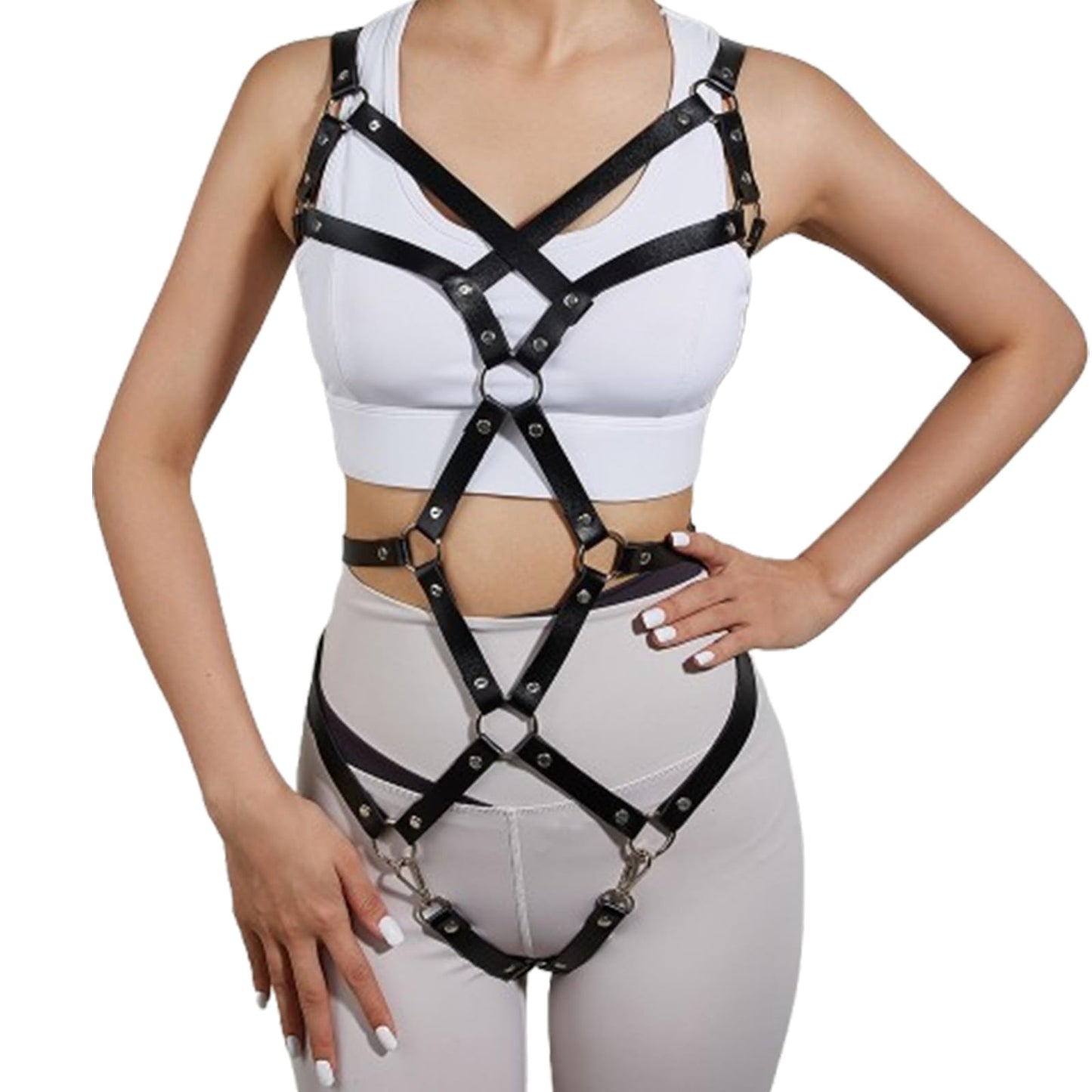 Women Punk Gothic Full-Body Harness – Adjustable Faux Leather Strappy Chest, Waist & Leg Belt with Metal Rings Sexy Festival, Rave, Clubwear, Cosplay Halloween, Mardi Gras Carnival Valentine's Gift