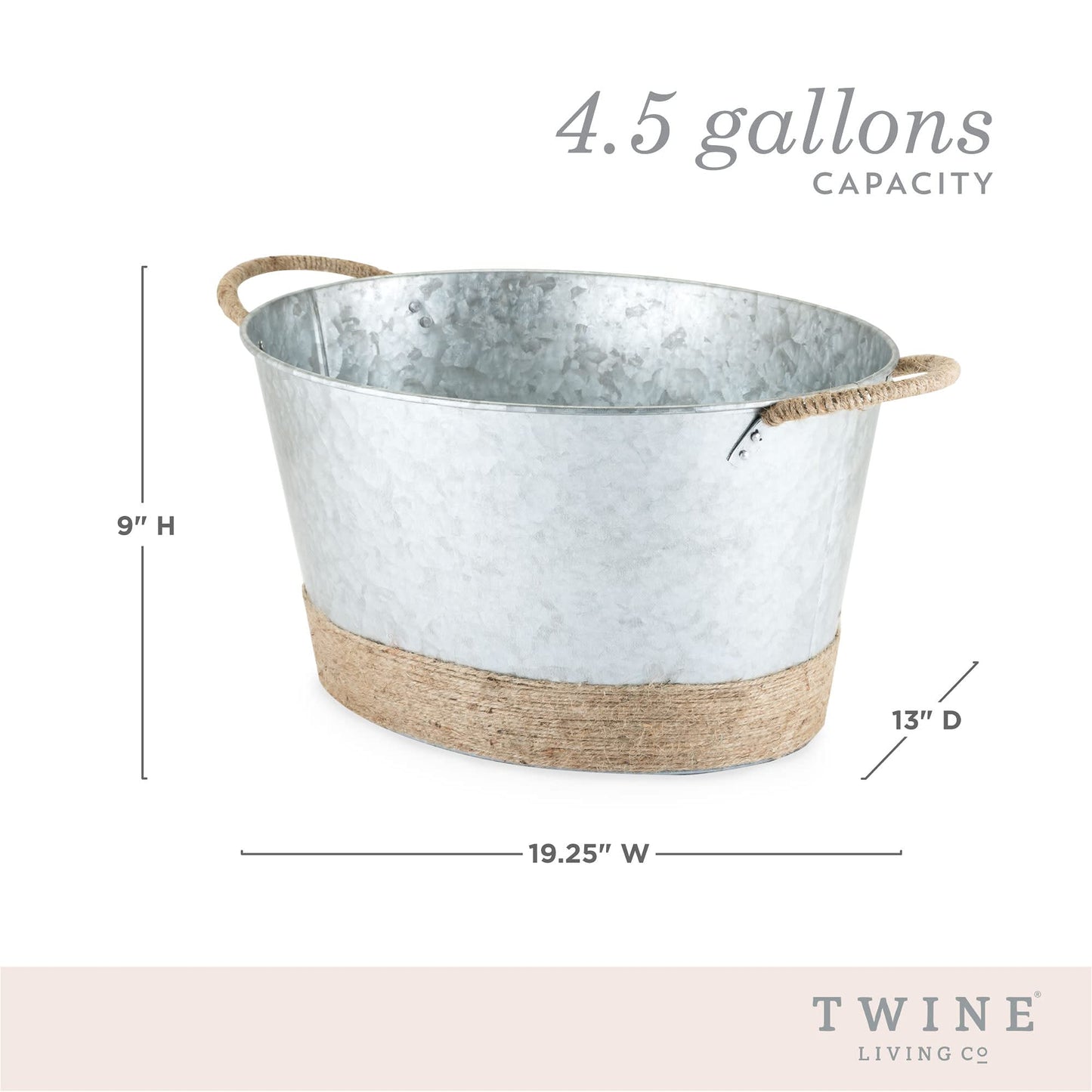 Twine Seaside Jute Rope Wrapped Farmhouse Galvanized Ice Metal Beverage Tub, Wine, Beer Bottle Bucket, 4.5 Gallons