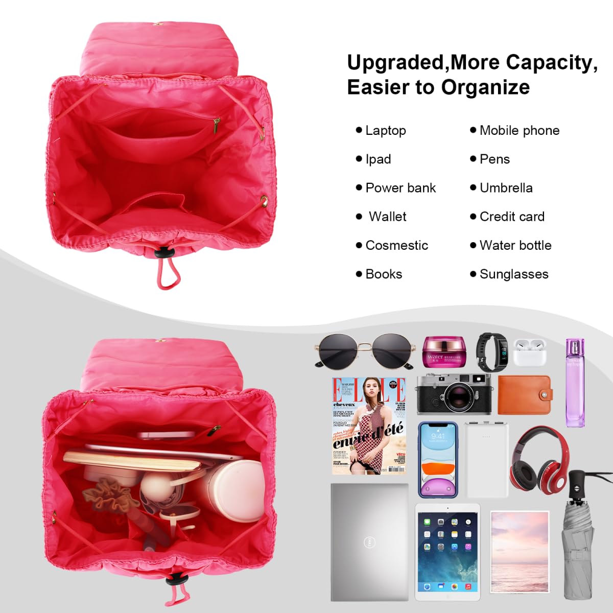 XSUIOY Quilted Backpack Purse for Women Small Lightweight Puffer Puffy College Laptop Backpack Nylon Casual Bookbag Daypack Top Flap Drawstring Padding Hiker Travel Gym Backpack(Rosered)
