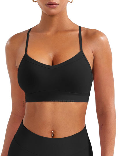 YEOREO Luciny Workout Y Back Sports Bras for Women Spaghetti Straps Racerback Padded V Neck Medium Impact Gym Bra Yoga Top Black-S