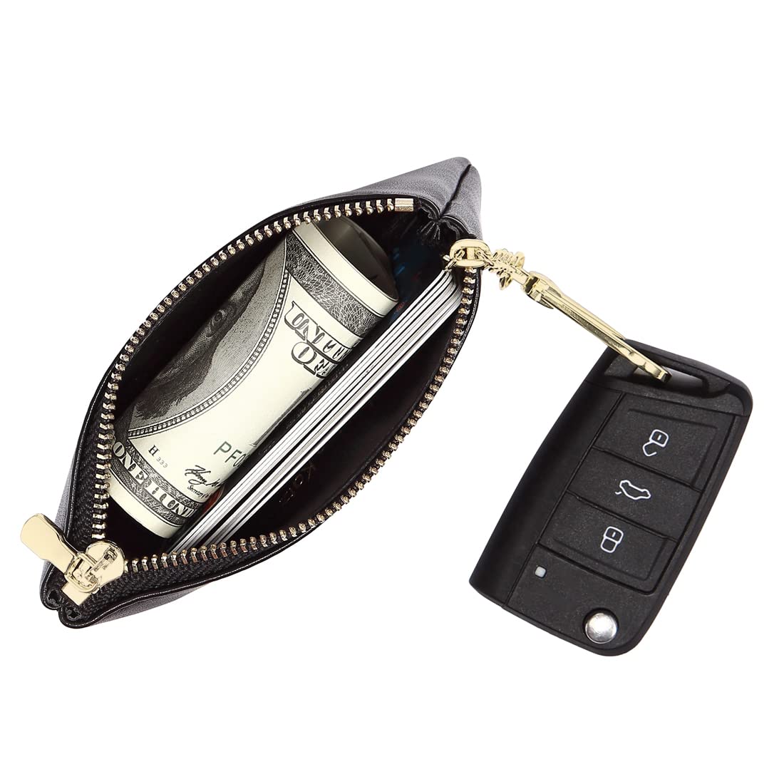 Mossruta Premium Genuine Full Grain Leather Mini Coin Purse Keychain Pouch Card Holder for Men Women (Black)