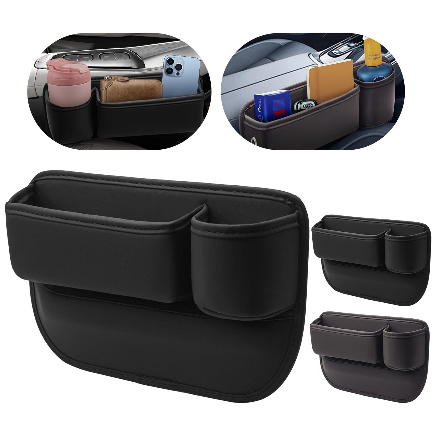 Car Leather Cup Holder Gap Bag 2-Piece Car Seat Gap Filler with Cup Holders for Cups Glasses Keycard (Main and Passenger) (Classic Black)