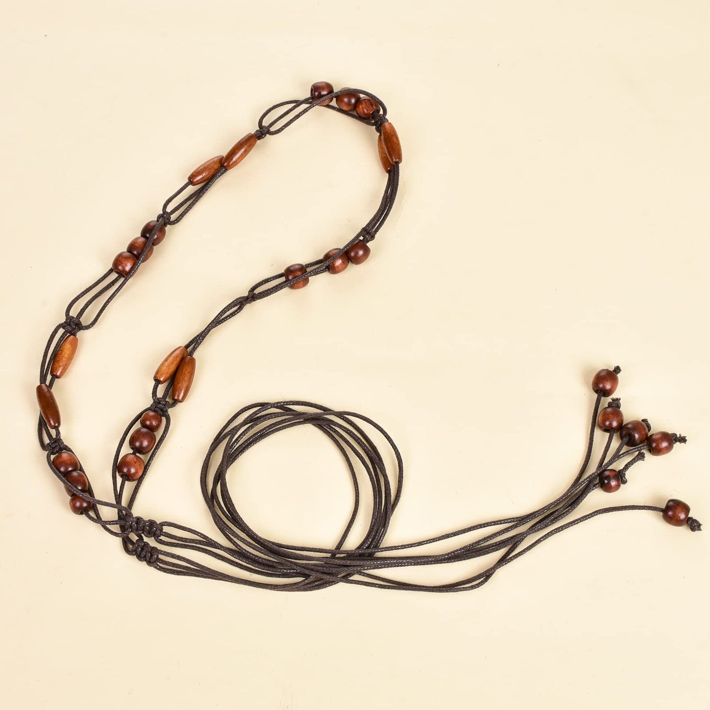 ILuvatar Women's tassel thin belt women's Bohemian style cross knotted hand woven belt Wooden beads waist rope 2pcs BLACK+ COFFEE