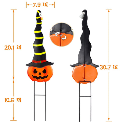 2 Pack Halloween/Thanksgiving Garden Decorations, Metal Jack-O-Lantern Yard Stakes with Witch Hats, Scary Yard Sign Outdoor Lawn Decor, Metal Pumpkin Art Garden Stake,Garden Sculpture Ornament