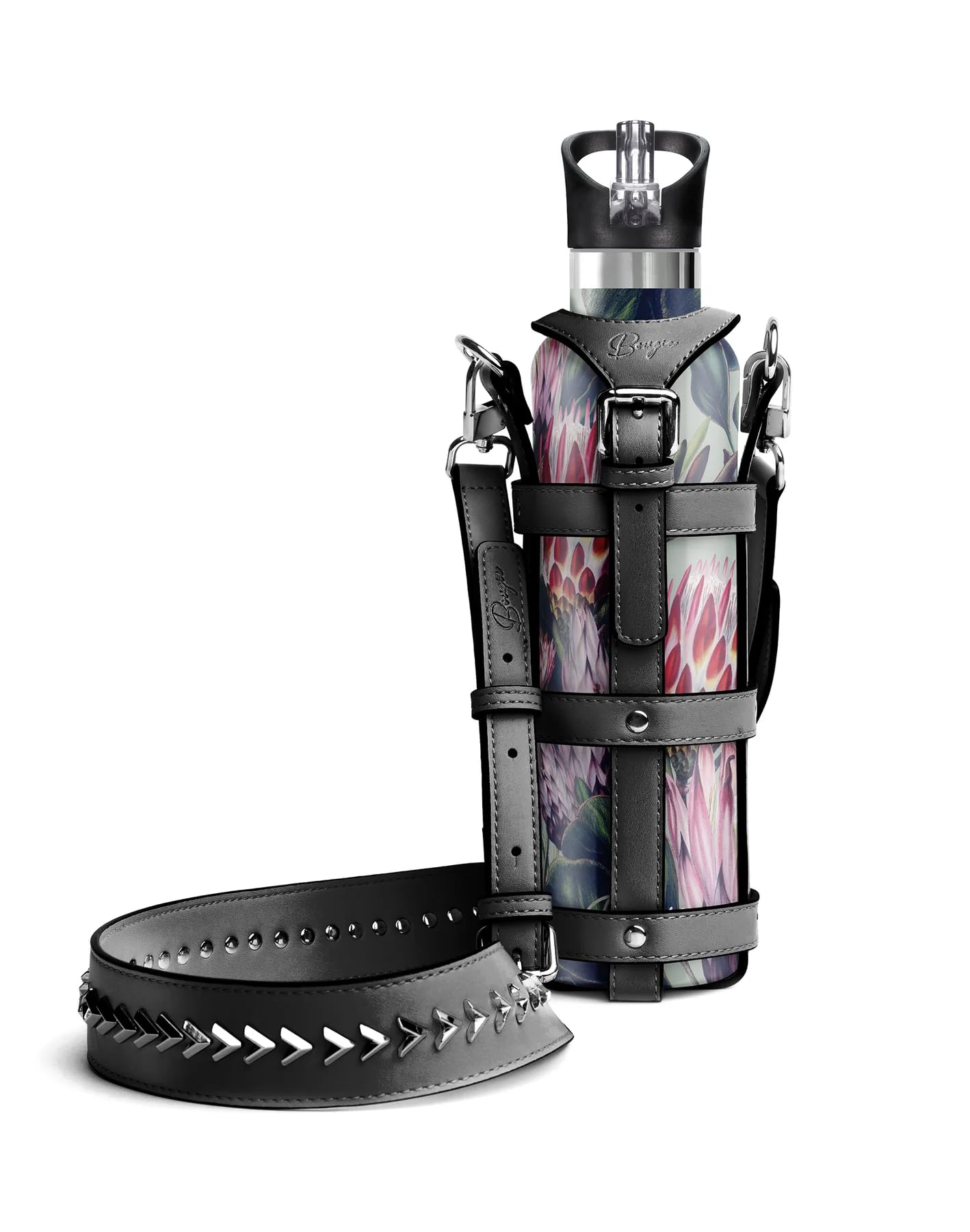 Bougie Sling Water Bottle Carrier, 38-inches Length, Vegan Leather, Black, Kitchen Décor