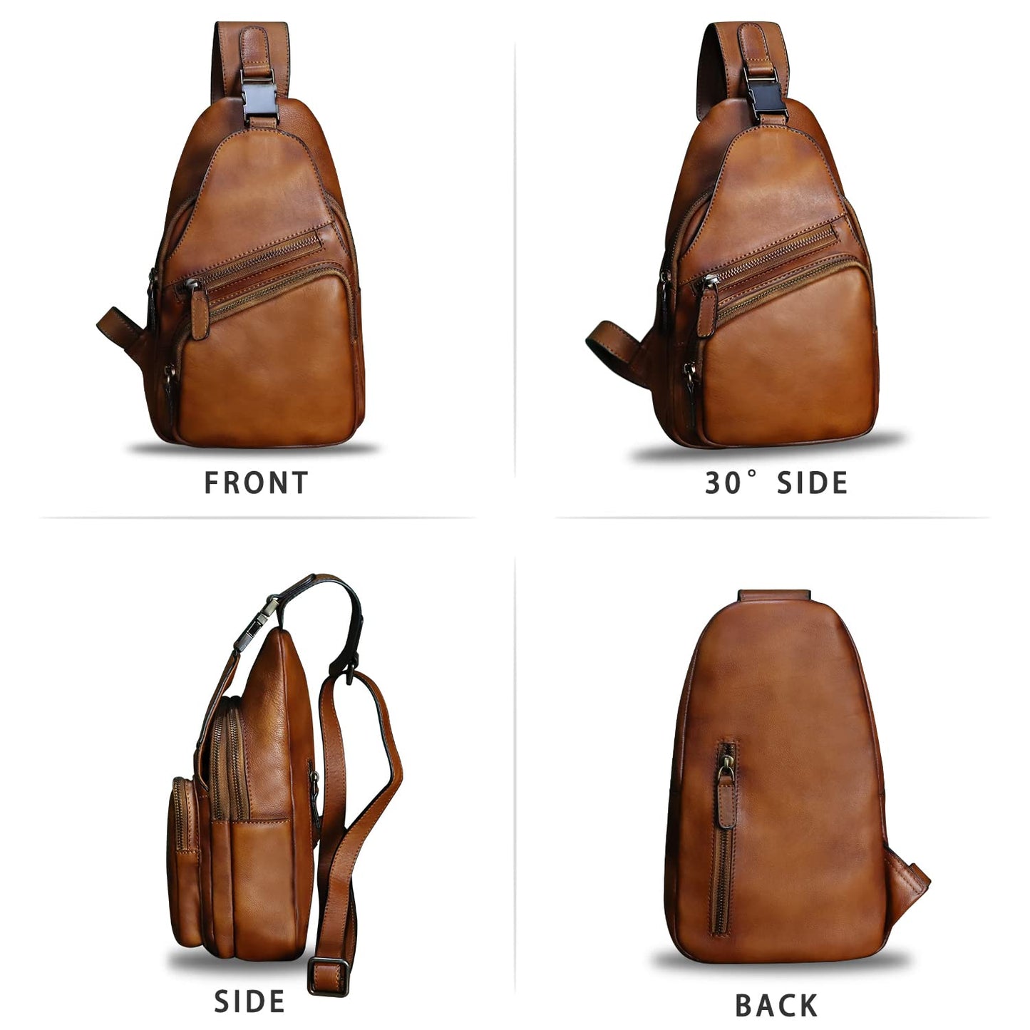 Genuine Leather Sling Bag Crossbody Purse Handmade Hiking Daypack Motorcycle Bag Retro Shoulder Backpack Vintage Chest Bag (Brown)