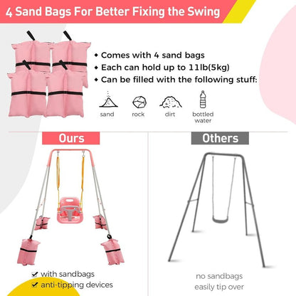 FUNLIO Toddler Swing with Foldable Metal Stand for Toddlers Aged 1~10 Years, 3-in-1 Baby Swing Set with 4 Sandbags for Backyard/Indoor/Outdoor Play, Easy to Assemble & Store, Pink