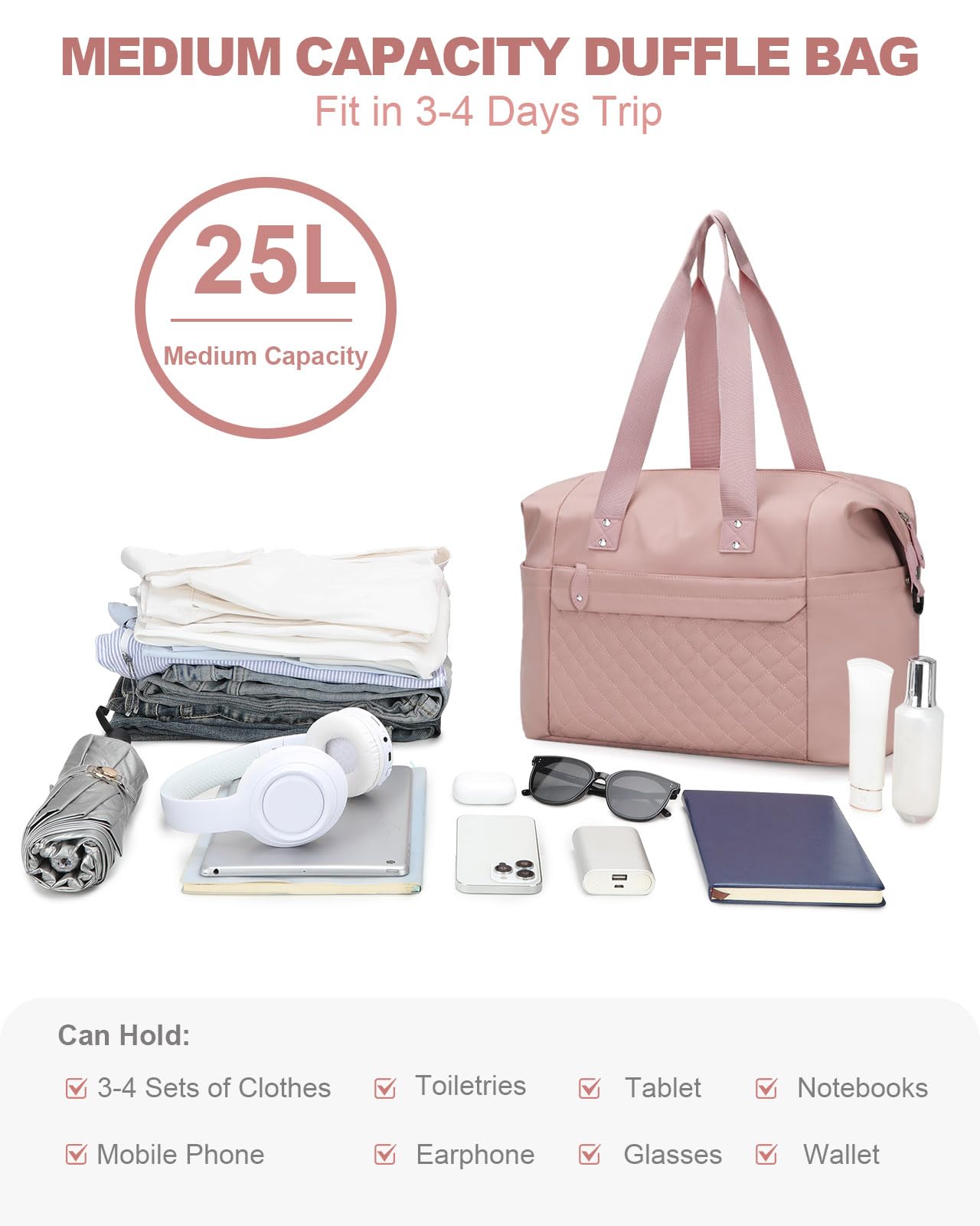 Pritent Travel Duffle Bag, Waterproof Weekender Overnight Hospital Bags for Women Men with Toiletry Bag Lightweight Personal Item Duffle Gym Bag for Travel, Airplanes, Sports(Pink, Medium)