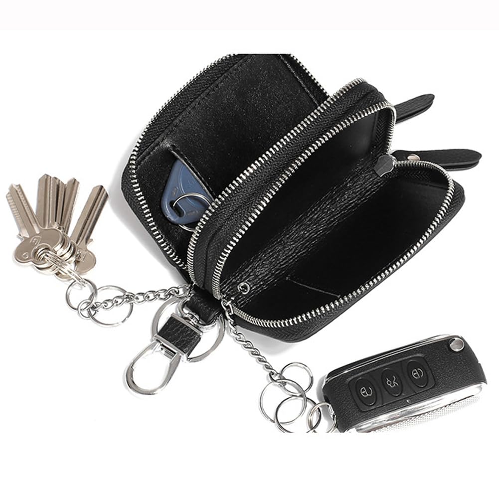 Berfi Life Key Fob Case Genuine Leather, Double Zipper Car Key Holder & Key Wallet with Keychain, Key Pouch for Purse Gift