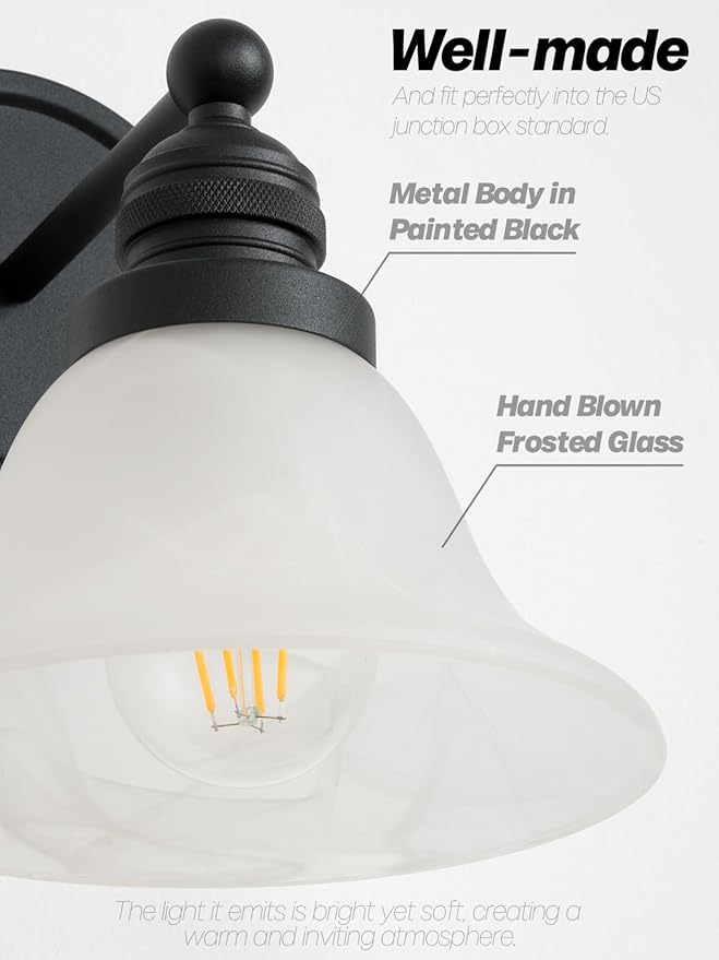 Black Wall Sconce, Vintage Bathroom Vanity Light with Milk Glass Modern Sconces Wall Lighting for Living Room Bedroom Kitchen Hallway Stairway E26 Hardwire Indoor