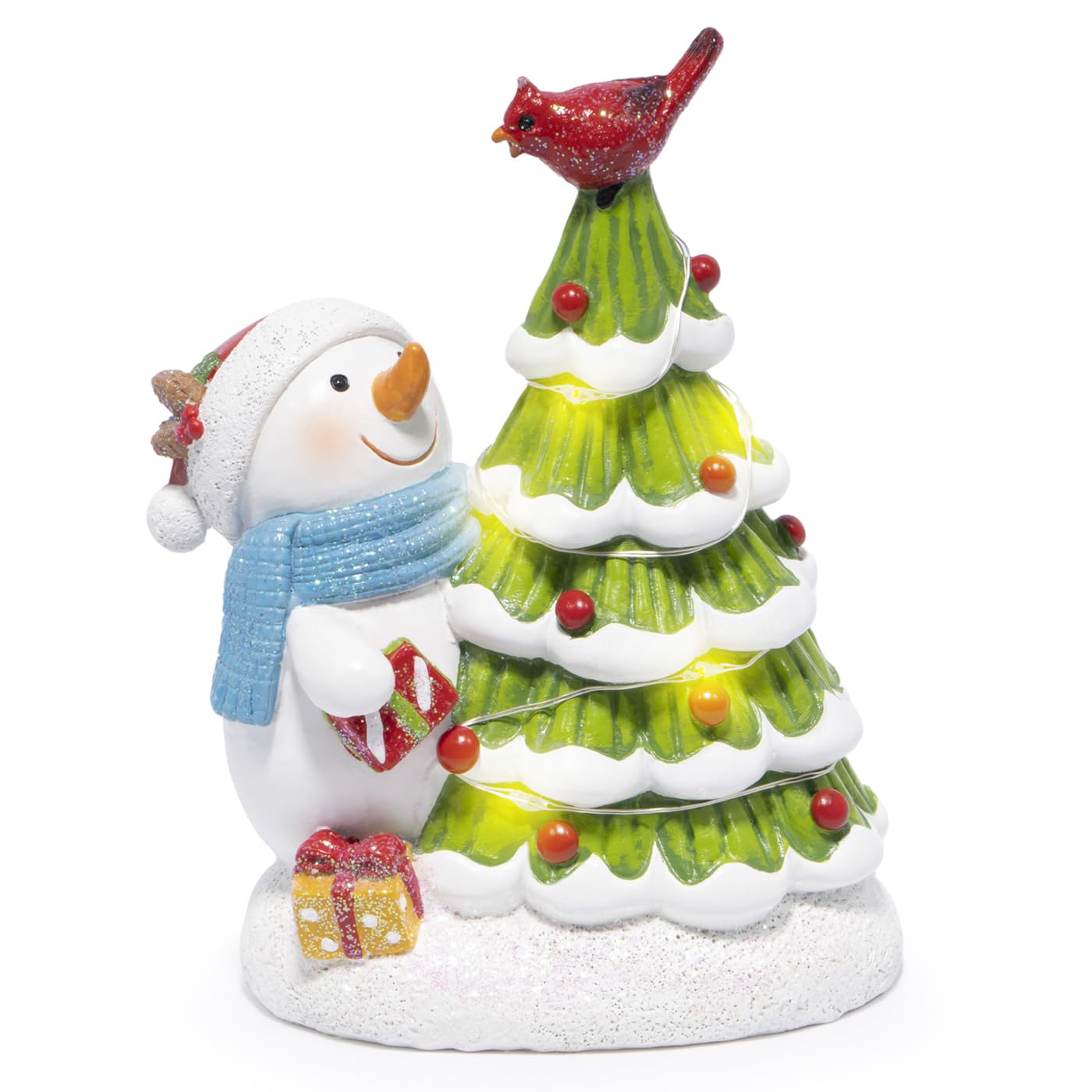 Hodao Christmas Tree Figurine Decorations — Lighted Hand-Painted Resin Snowman with Cardinal, Tabletop Decor for Family or Friends | Mantel, Shelf, Living Room Display