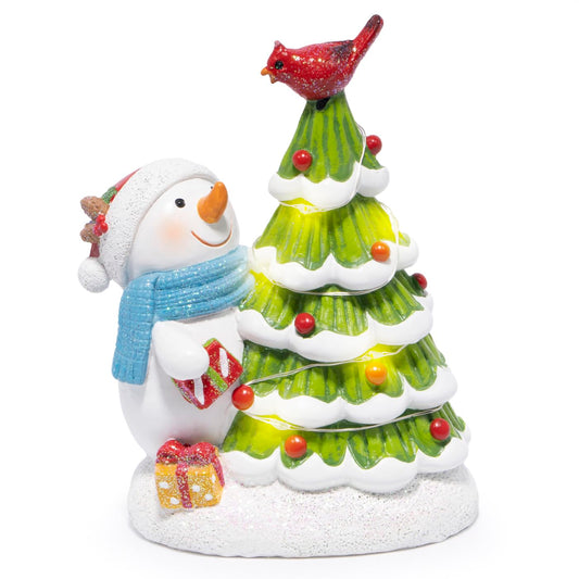 Hodao Christmas Tree Figurine Decorations — Lighted Hand-Painted Resin Snowman with Cardinal, Tabletop Decor for Family or Friends | Mantel, Shelf, Living Room Display