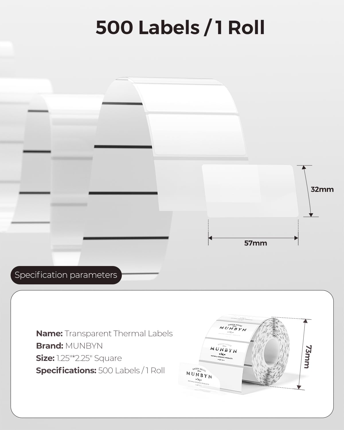 MUNBYN Clear Thermal Labels, 2.25 x 1.25 Inches, Printable Transparent Stickers for Small Businesses, DIY Logo Design, Multipurpose Waterproof Label Roll, 500 Labels/Roll