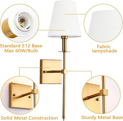 TISLYCO Gold Wall Sconce, Brass Sconces Set of 2, Antique Brass Wall Lamp, Sconces Wall Decor Set of 2, Wall Light with Fabric Shade for Bedroom, Living Room, Dinning Room, Hallway