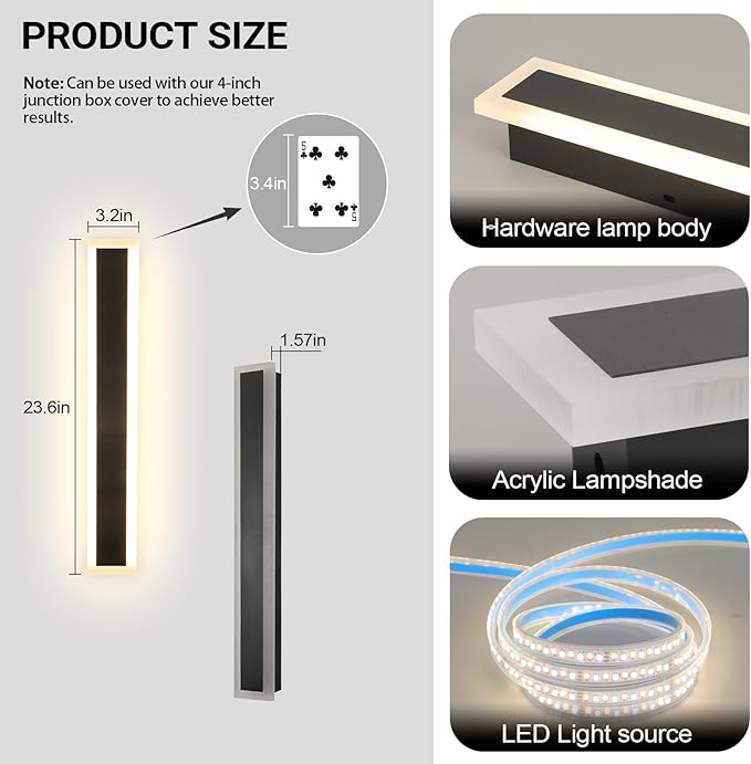 24 Inch Black Outdoor Wall Light Modern LED Exterior Wall Sconce, Long LED Linear Exterior Lights 3000K for Garage Doorway Patio Stairway