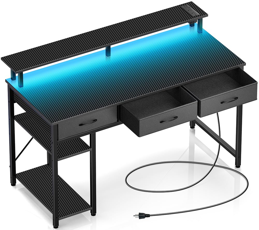 Rolanstar Computer Desk with Power Outlets & LED Light, 47 inch Home Office Desk with 3 Drawers and Storage Shelves, Writing Desk with Monitor Stand, Modern Work Desk for Home Office, Carbon Black