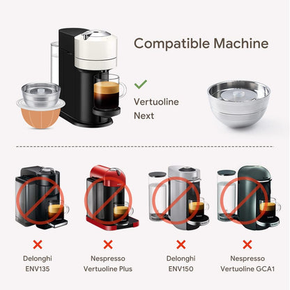 BENFUCHEN Stainless Steel Reusable Vertuo Capsule Compatible With VERTUO NEXT+EMPTY Refillable Alumium-VERTUO-Pods-80+150+230ml Each 2 Pcs +Coffee Tamper ForNespressoVertuoNext Reusable Pods