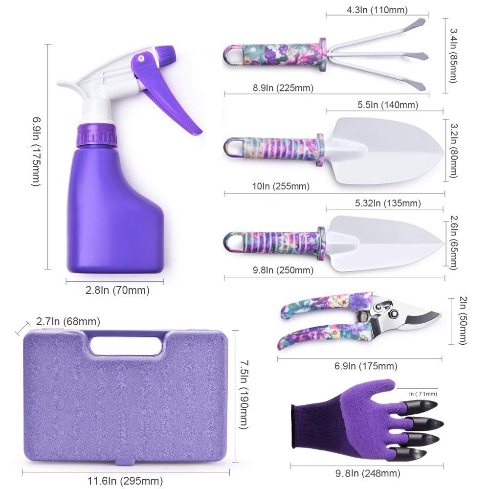 WISDOMLIFE 6 Pieces Garden Tools Set Planting Tools, Non-Slip Handle with Anti-Rust Trowel, Cultivator, Pruning Shear, Water Sprayer and Carrying Case, Gloves with Claws
