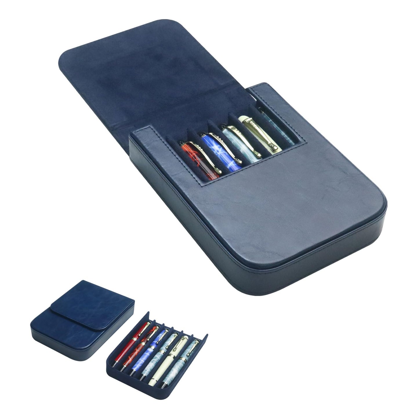 YANHHAN 3 Slots Leather Fountain Pen Case – Magnetic Closure, Handmade Pen Holder for Fountain/Ballpoint/Rollerball Pens – Blue