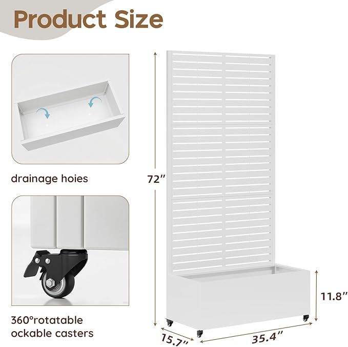 Metal Raised Garden Bed with Trellis & Wheels,72" x 35"x 15.7" Planter Box with Trellis,Privacy Planters for Patio,Garden Bed for Climbing Plants,Suitable for Climbing Plants and Vegetables,White