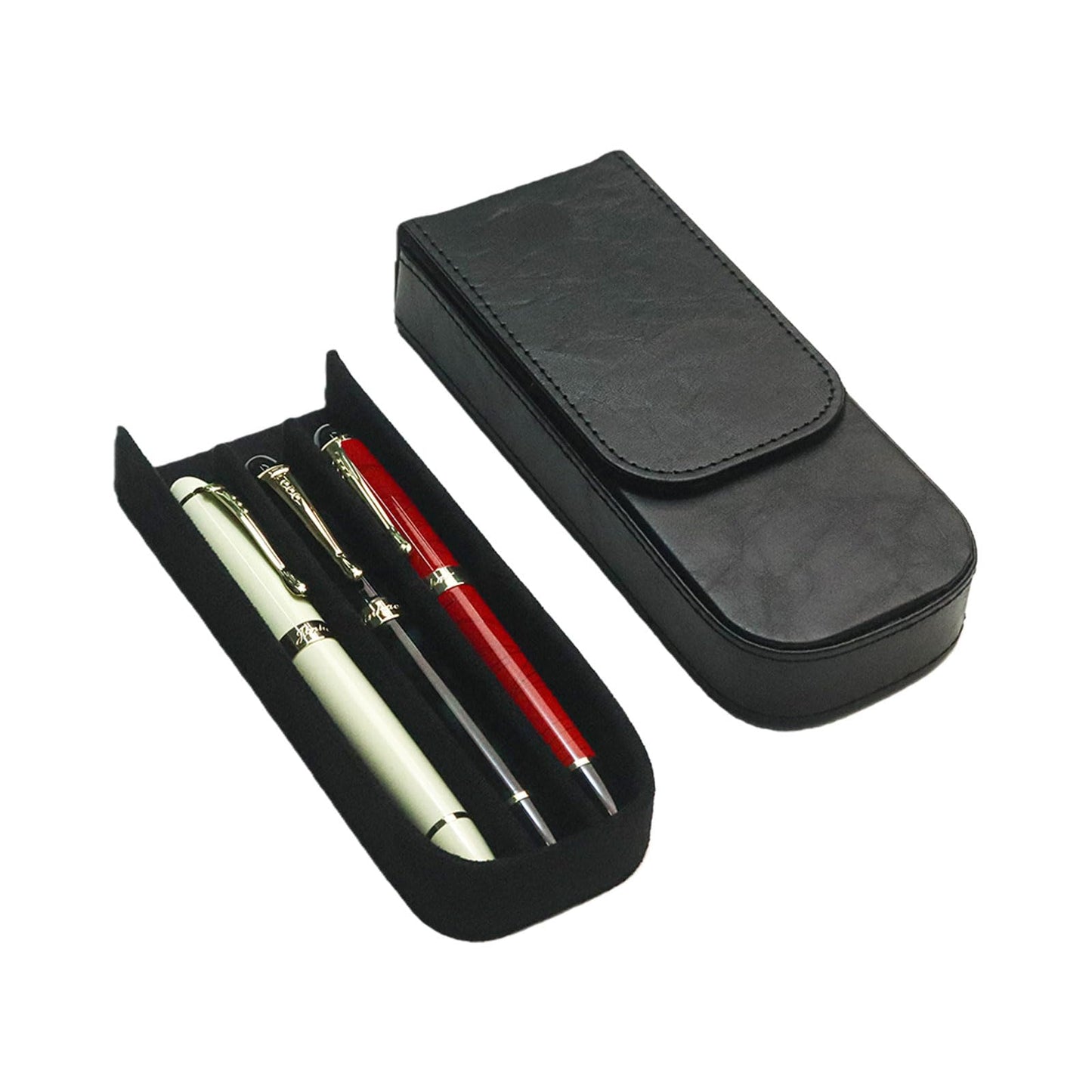 MIVLXLX PU Leather Triple Pen Case Pencil Pouch Holder for Three Fountain Ballpoint Rollerball Pens and Pencils Gift Choice for Man/Woman/Office (Black)