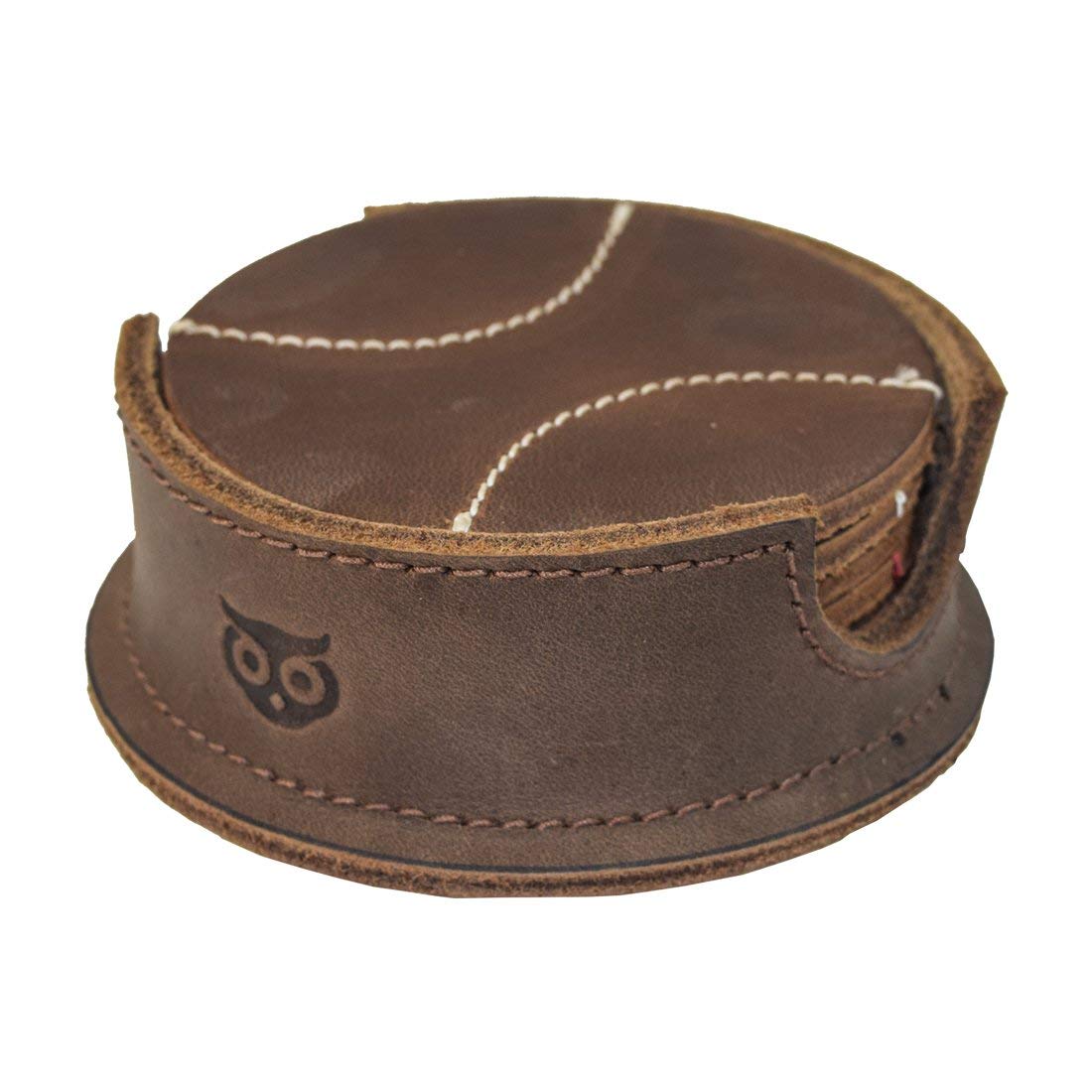 Durable Thick Leather Baseball Coasters (6-Pack) Handmade by Hide & Drink (Bourbon Brown)