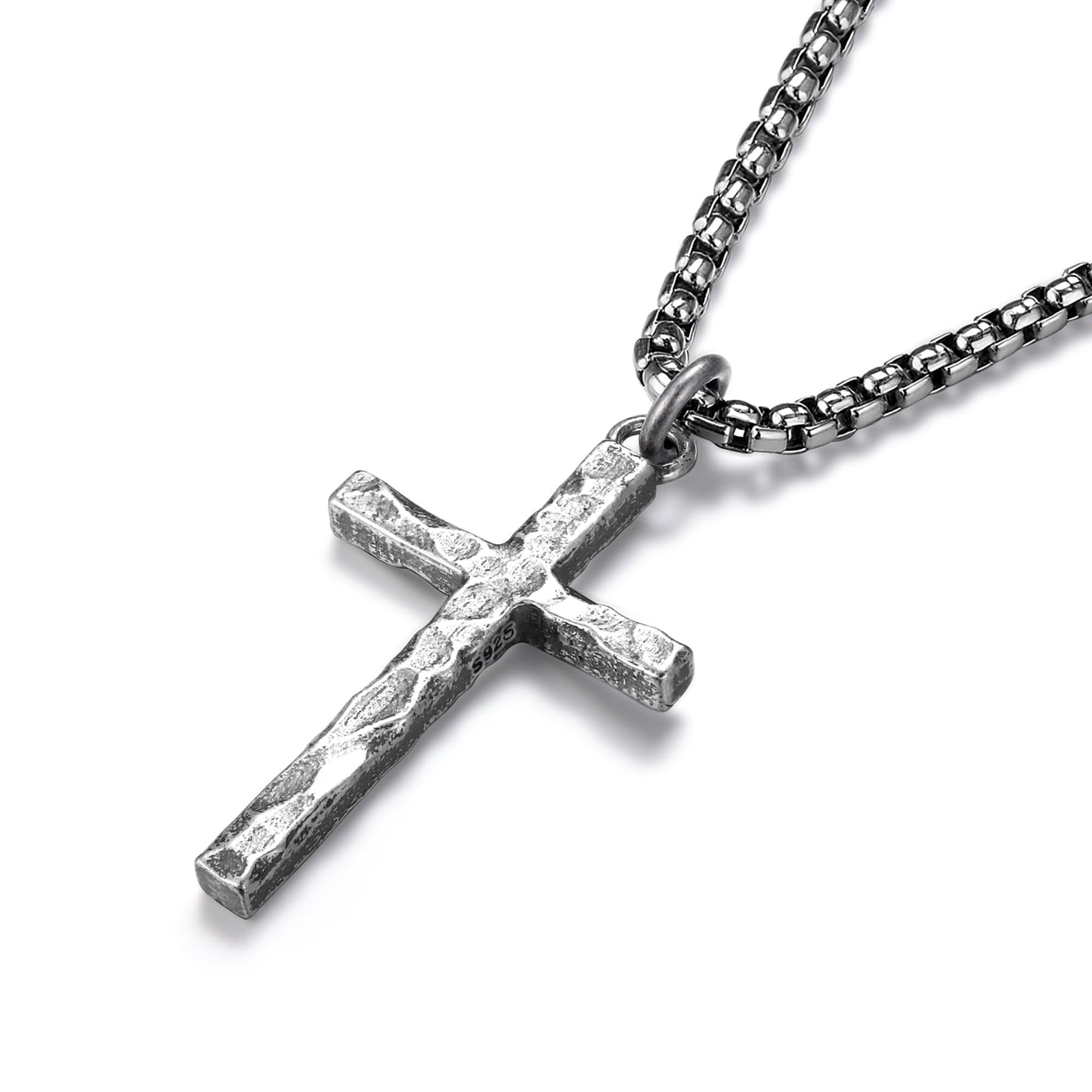 Small Cross Necklace for Men Silver Cross Pendant with Stainless Steel Box Chain | Mens Sterling Silver Crucifix Necklaces Jewelry for Boyfriend Husbands Birthdays 22 Inches