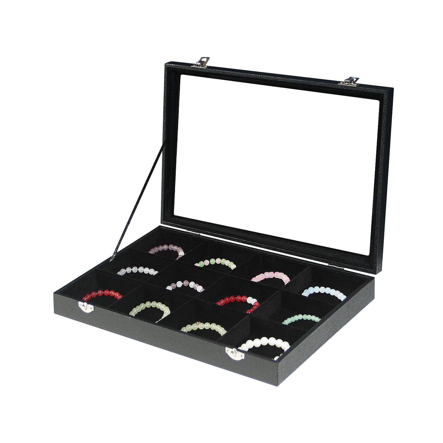 Coward Jewelry Organizer Box, Black Velvet 12 Grids Bracelet Bangle Necklace Jewelry Display Tray Case with Transparent Glass Lid for Home Drawer Desk or Store Selling Show