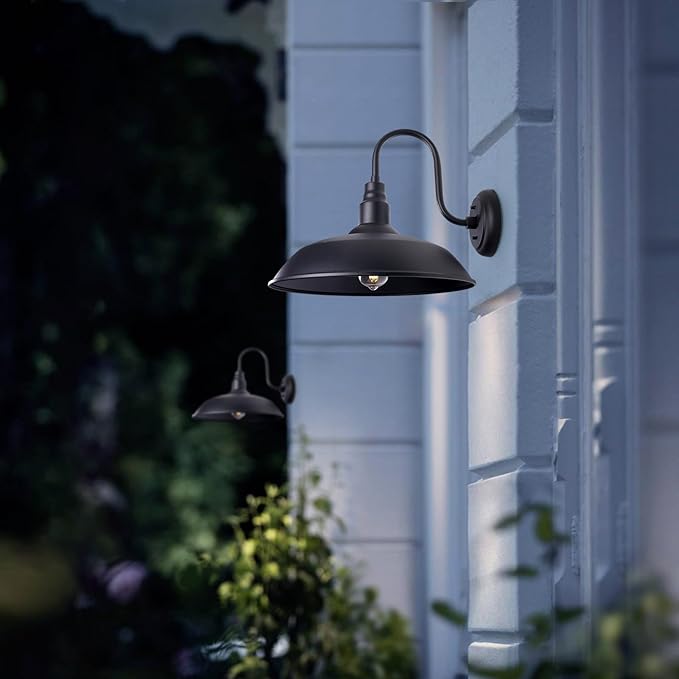 Large Black Gooseneck Barn Light for Farmhouse, 16in Dome Outdoor Wall Lights for Porch, 4 Pack Exterior Lighting Fixture with Goose Neck Arm for Front and Back Porch House Garage Door
