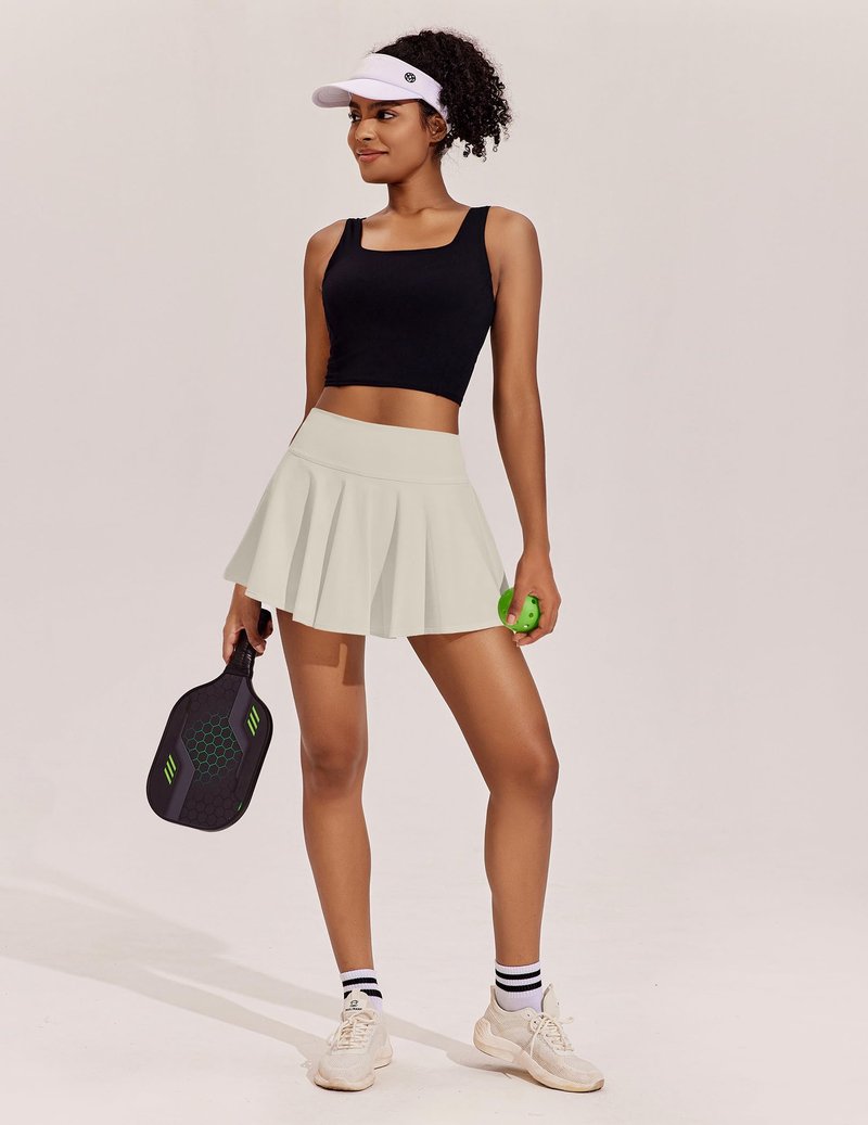 PINSPARK 14" Skorts for Woman Pleated Athletic Skirts with Pockets Mini Golf Skirt Lightweight Active Skirt, Bone White XS