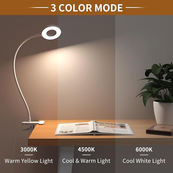 iZELL Book Light, Clip on Reading Light with Flexible Gooseneck, Dimmable LED Lamparas Clamp on Workbench Desk for Studying Painting Crafting Drawing Makeup Nail Tech Puzzle Task - 27.6‘’ White