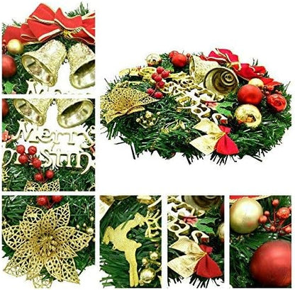 H&W Small Christmas Wreath (11.8 Inch / 30 cm) for Front Door Wall Windows Artificial Poinsettia Xmas Decoration with Tinkle Bell Bowknot and Small Ornaments (MC7-D1)