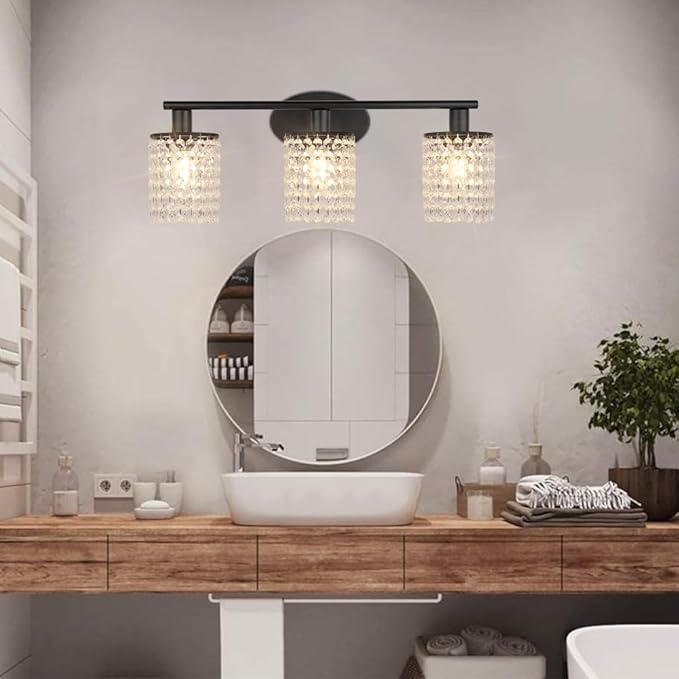 TISLYCO Black Bathroom Light Fixture, 3 Light Bathroom Vanity Light, Bathroom Light Fixtures Over Mirror, Crystal Drop Wall Mounted Lamp for Living Room Bedroom