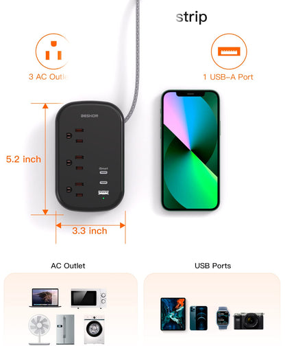 BESHON Flat Plug Power Strip, 3 Outlets with 3 USB Ports(2 USB C), Ultra Flat 3.2ft Wrapped Around Extension Cord for Cruise Ship, Travel, Dorm Room Essentials