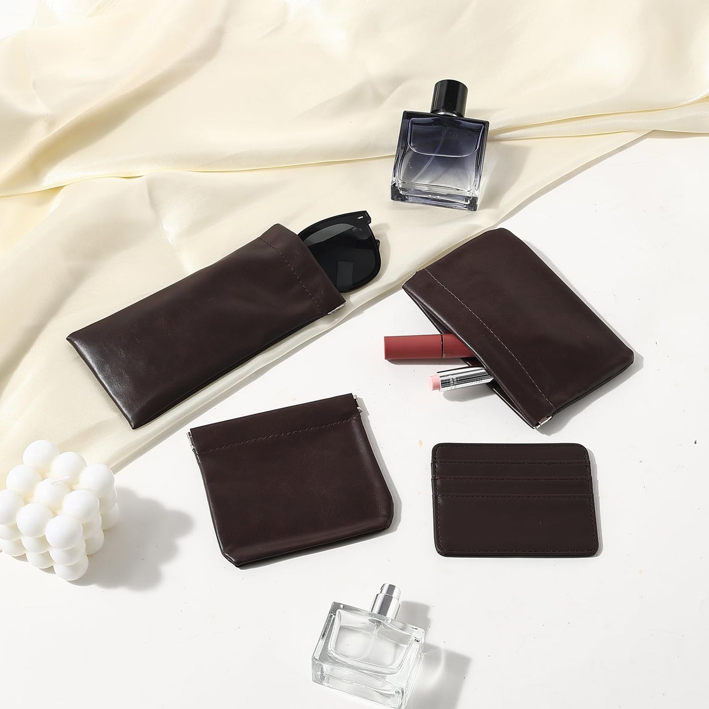 MOCICIGO 4PCS Snap Closure Organizer Pouch,Pu Leather Small Pouches for Purse Mini Cosmetic Bags for Travel Waterproof Makeup Women Purse Pouch Three Sizes Coin Purse Organizer Storage Pouch(Brown)