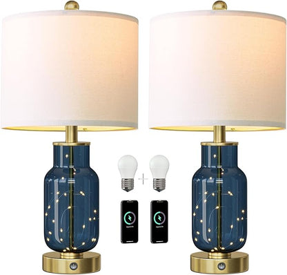 Oneach 22" Glass Table Lamps Set of 2, Blue Modern Bedside Lamp with LED Night Light for Living Room, Nightstand Lamp with USB Ports for Bedrooms, Study Room, End Table(2 Bulbs Included)
