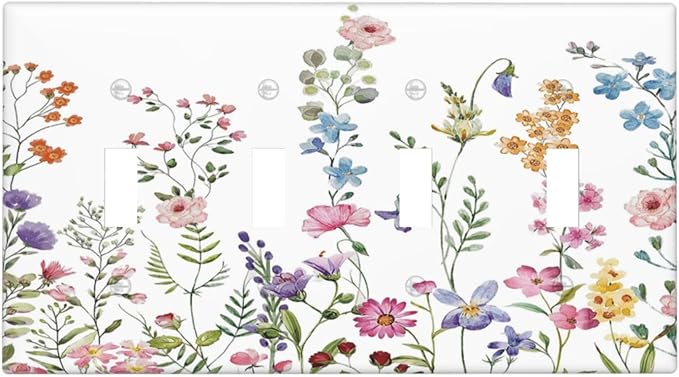 Rustic Wild Floral Vintage Watercolor Flower Quad Gang Toggle Light Switch Cover 4-Gang Wall Plates Decorative Electrical Switchplate for Home Bedroom Art Decorate