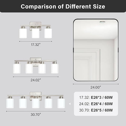 Brushed Nickel Bathroom Light Fixtures, 5-Light Modern Vanity Light Over Mirror, Wall Sconces with Milky White Frosted Glass Shades, E26 Socket (Bulbs Not Included)