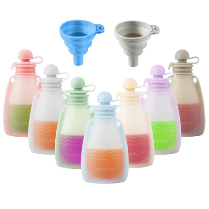 PandaEar Reusable Silicone Baby Food Pouches, 7 Pack Squeeze Pouches for Toddler Kids, BPA-Free Silicone Refillable Baby Food Storage, 5.5 oz /150 ml