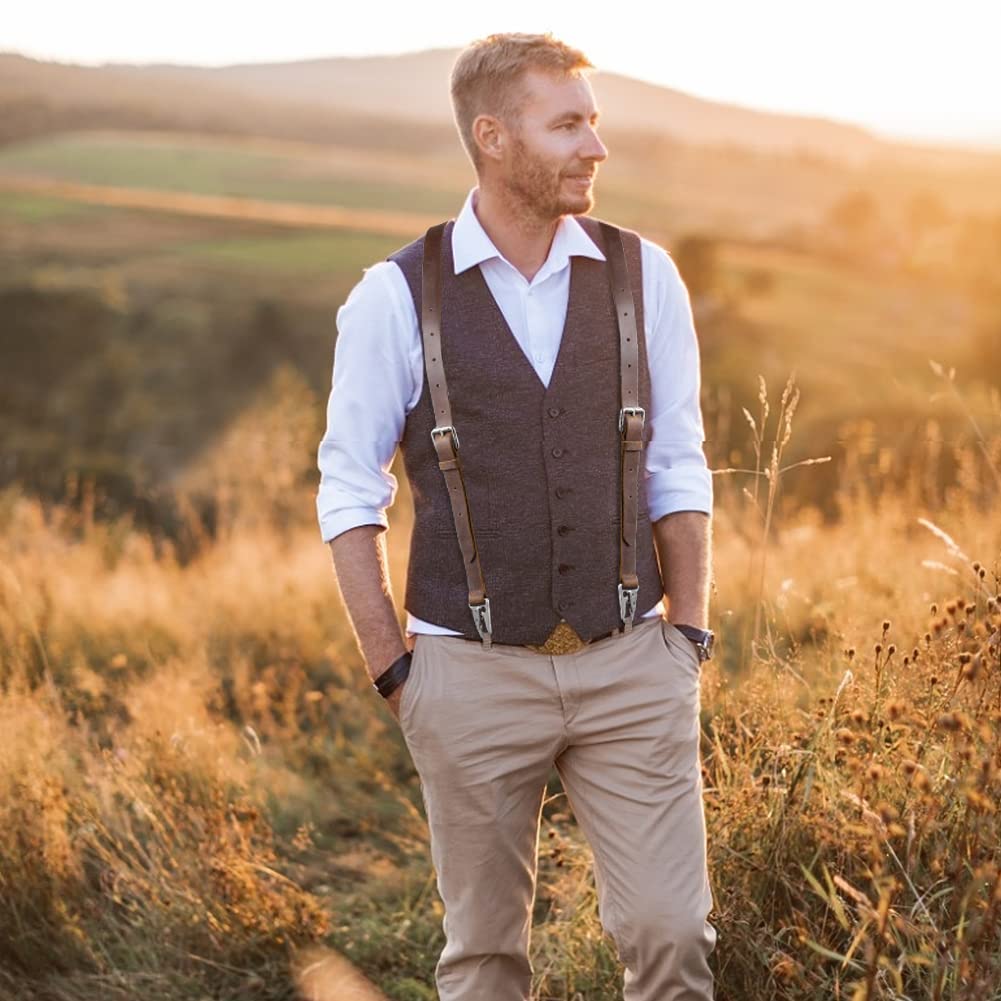 Ringsun Genuine Leather Suspenders for Men, Y Design Hidden Suspenders Under Clothes with 3 Snap Loop, Adjustable Accessories for Men Wedding & Party Essentials, Dark Brown